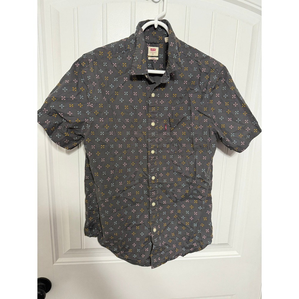 Levi's Button Down Mens Medium Standard Fit Geometric Diamond Grey Short Sleeve